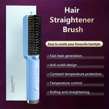 Compact Hair Straightening Brush with Three Color Options, LED Indicators and Three Pictured Heat Levels