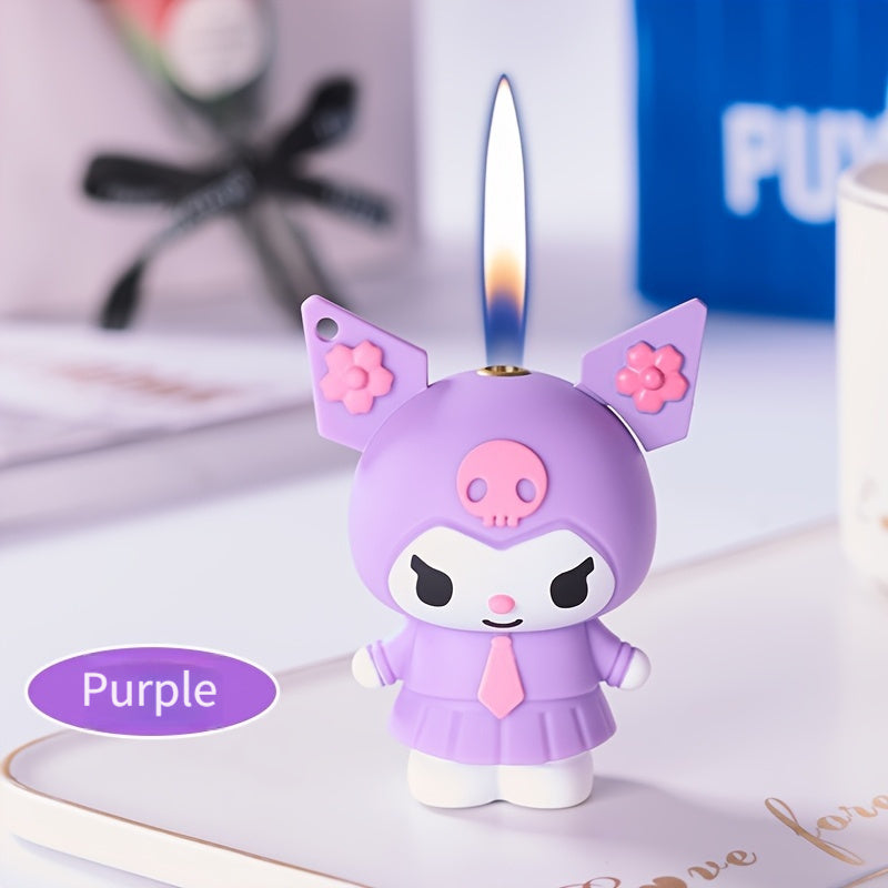 3D Kawaii Anime Figure Lighter with Chain, Cute Kuromi Sanrio Cartoon Open Flame Butane Lighter, Unique Kawaii Gift for Anime Fans