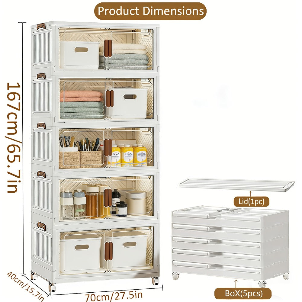 Stackable Foldable Storage Cabinet with Door, PP Plastic 1/2/3/4/5 Layer Organizer Box with Wheels & Cover