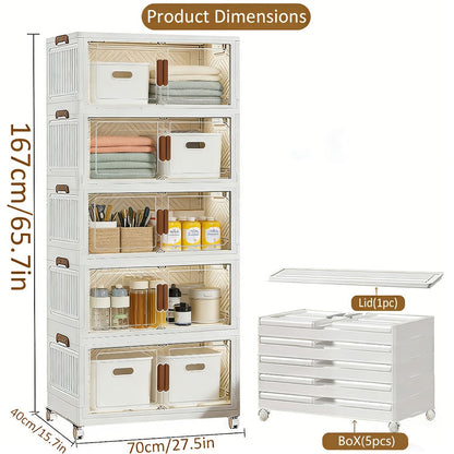 Stackable Foldable Storage Cabinet with Door, PP Plastic 1/2/3/4/5 Layer Organizer Box with Wheels & Cover