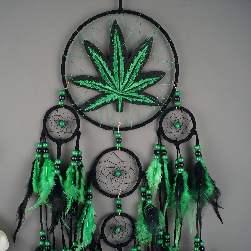 Bohemian Dream Catcher with Feathers & Leaf Embroidery, Boho Wall Hanging Decor for Bedroom, Bedside