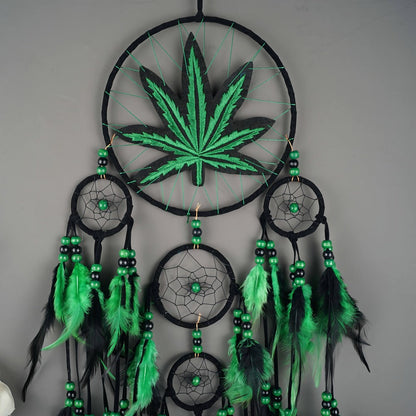 Bohemian Dream Catcher with Feathers & Leaf Embroidery, Boho Wall Hanging Decor for Bedroom, Bedside