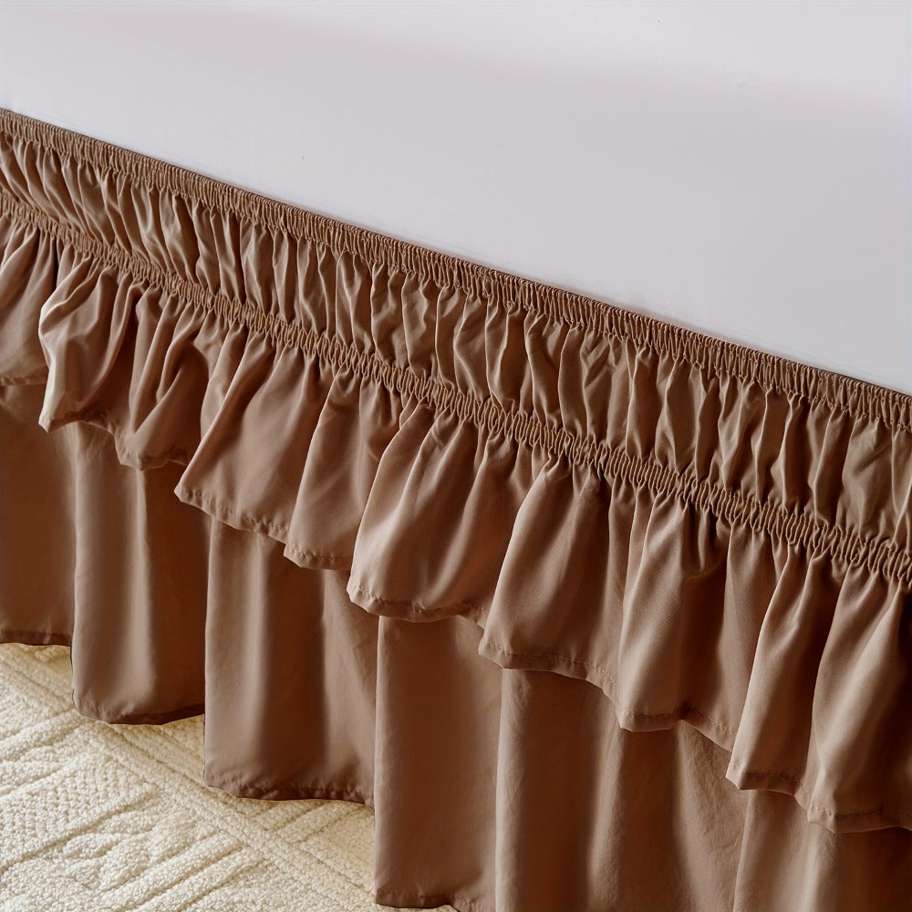 Double Ruffle Bed Skirt 16" Drop, Elastic Wrap Around Dust Ruffle for Twin Full Queen King Bed, Easy Install Linen Poly Blend Bedskirt