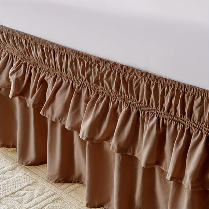 Double Ruffle Bed Skirt 16" Drop, Elastic Wrap Around Dust Ruffle for Twin Full Queen King Bed, Easy Install Linen Poly Blend Bedskirt