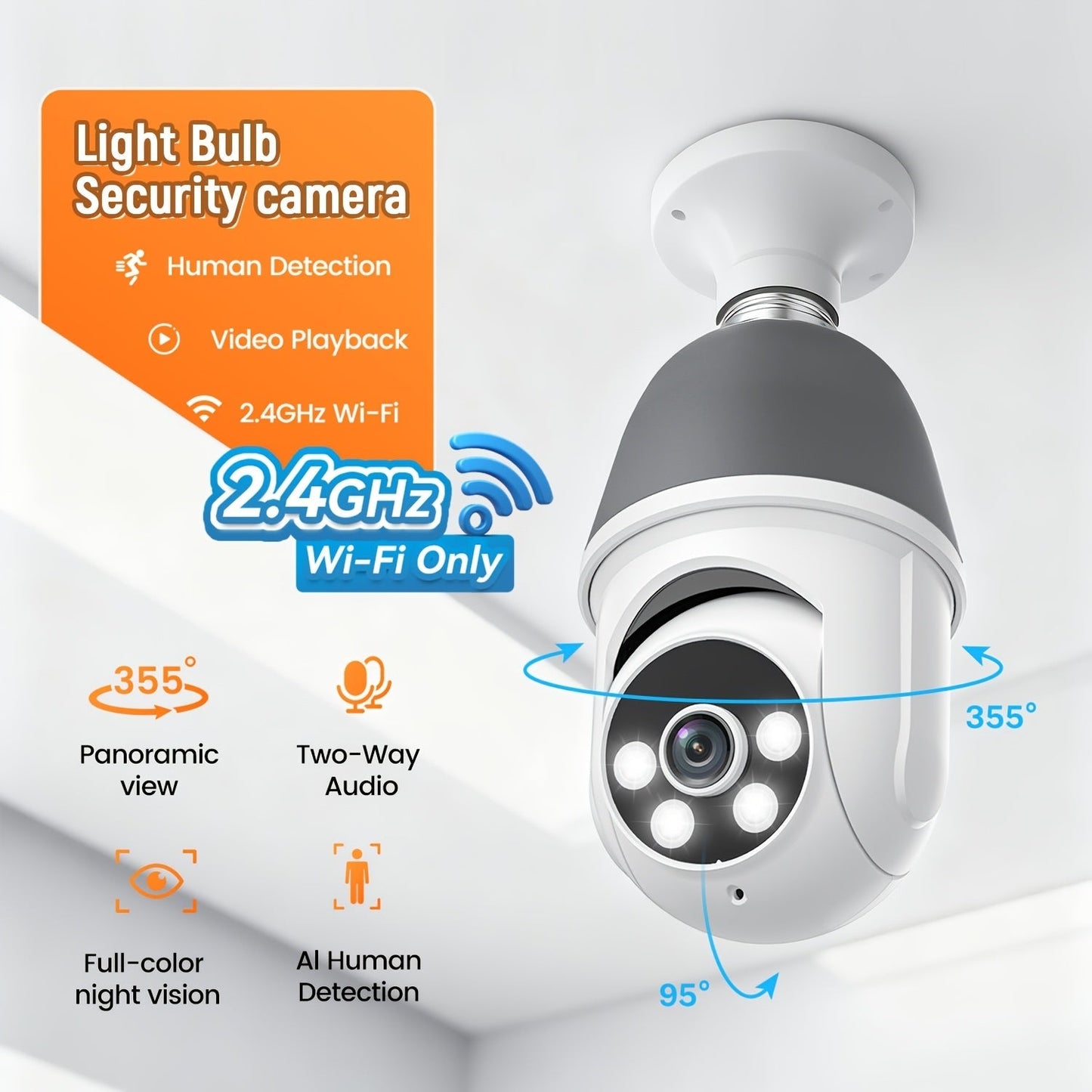AI Auto Tracking Security Camera 360° Panoramic 1920P, Infrared Night Vision Two-Way Audio 2.4GHz USB Charging