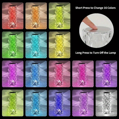 Crystal Diamond Rose Table Lamp RGB LED, Remote & Touch Control Dimmable USB Rechargeable Uplight for Home