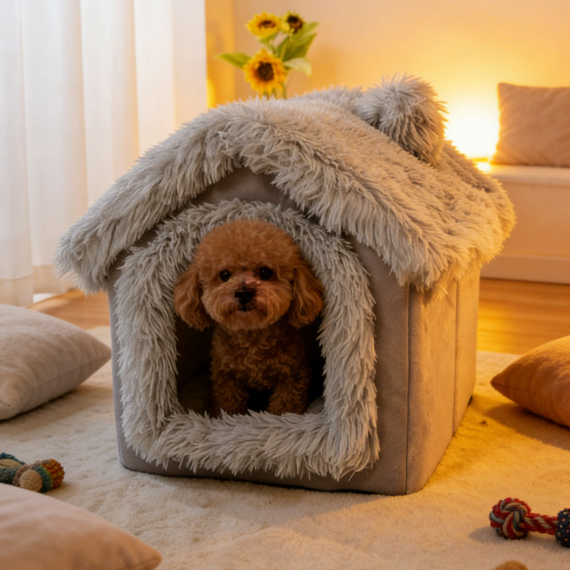 Indoor Dog House Warm Plush Semi-Enclosed – Cozy Cave Bed with Removable Pad & High-Resilience PP Filling | Non-Collapse Dog Kennel