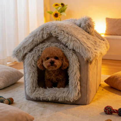 Indoor Dog House Warm Plush Semi-Enclosed – Cozy Cave Bed with Removable Pad & High-Resilience PP Filling | Non-Collapse Dog Kennel