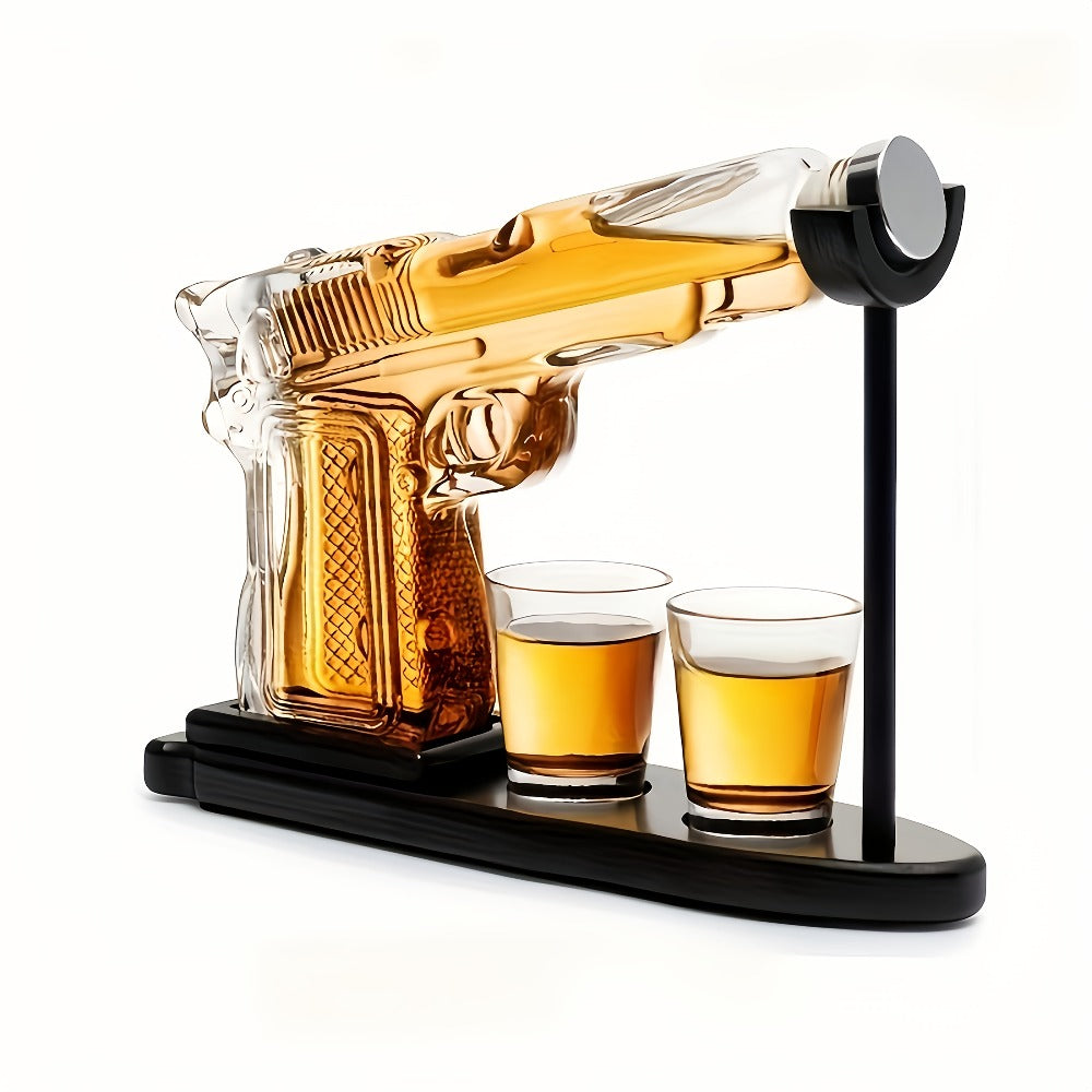 Whiskey Gun Decanter Set 10oz with 2 Bullet Shot Glasses & Wooden Stand, Handgun Shaped Liquor Decanter for Home Bar