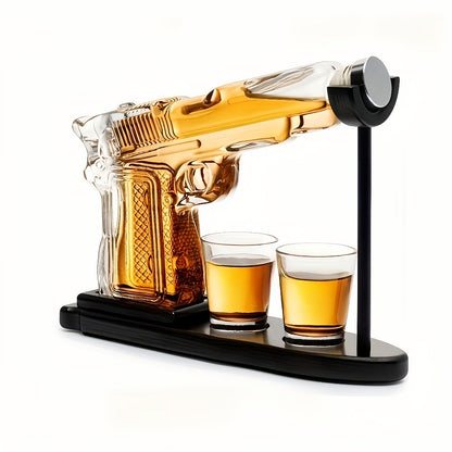 Whiskey Gun Decanter Set 10oz with 2 Bullet Shot Glasses & Wooden Stand, Handgun Shaped Liquor Decanter for Home Bar