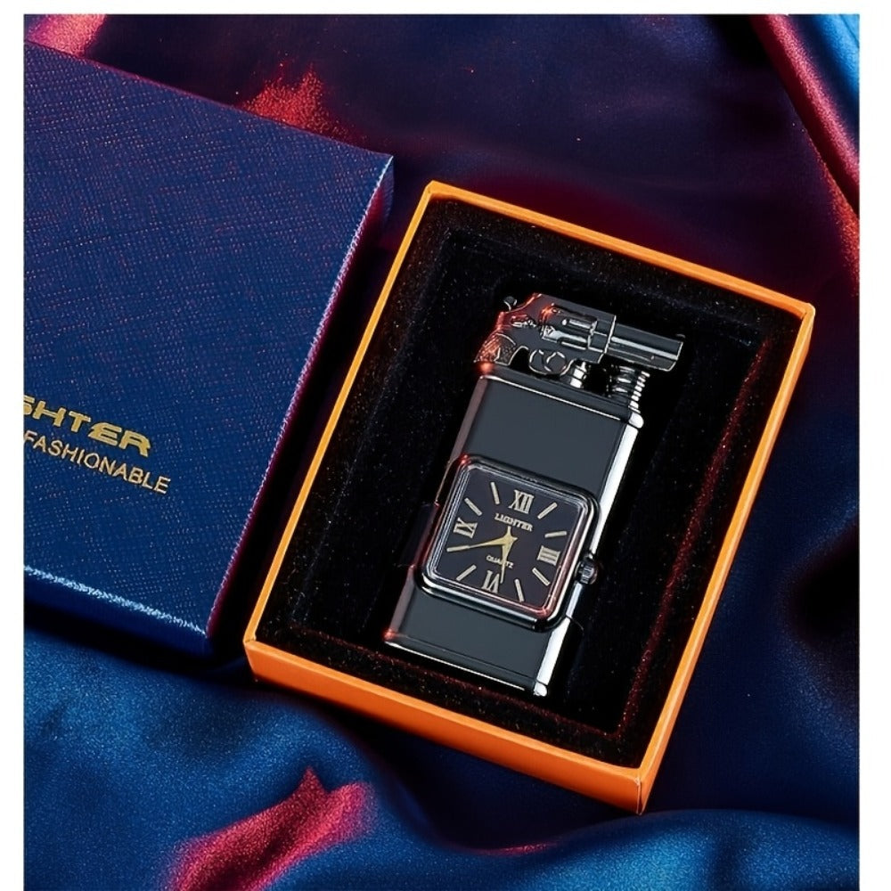 Double Flame Windproof Lighter Creative Retro Metal Lighter Dragon Eagle Gun Shape Quartz Dial Portable Outdoor Lighter Men Gift Box Butane