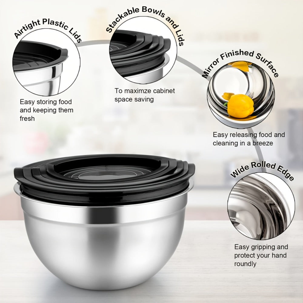 Stainless Steel Mixing Bowls with Airtight Lids Set of 14 Seven Nesting Bowls 0.7 to 4.5QT for Home Cooking, Dining and Outdoor Meals