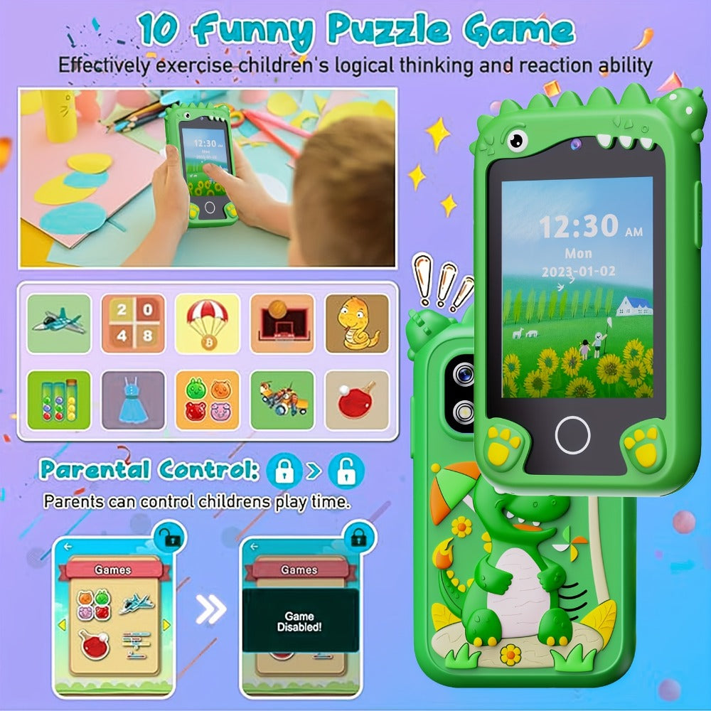Dinosaur Toy Phone in Green or Purple with Dual Cameras, Touchscreen Interface and 8GB SD Card Label