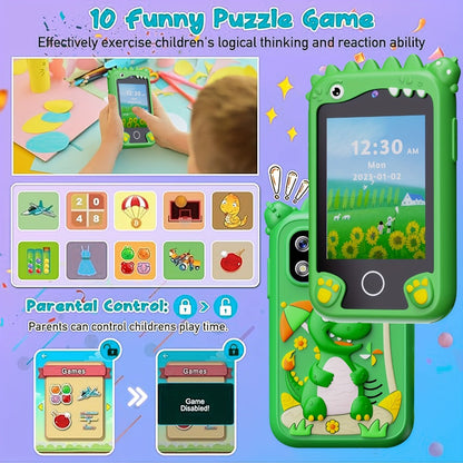Dinosaur Toy Phone in Green or Purple with Dual Cameras, Touchscreen Interface and 8GB SD Card Label