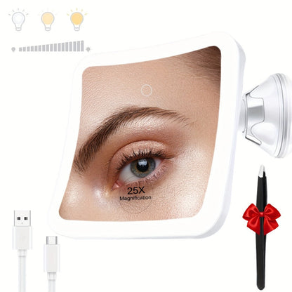 25X Magnifying Mirror with LED Light Suction Cup Mount, for Makeup, Travel and Everyday Vanity Use
