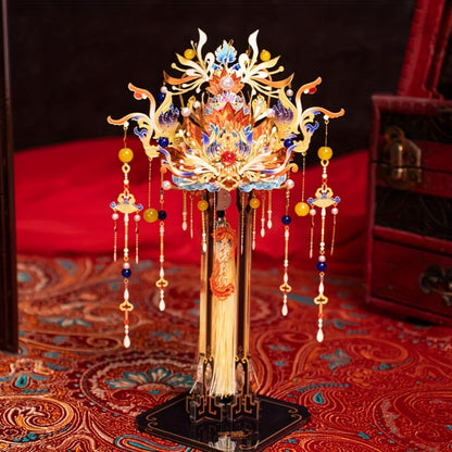 3D Metal Puzzle Phoenix Crown Qingluan – Blue & Gold DIY Assembly with Beads & Tassels, Chinese Mythology Art Collectible