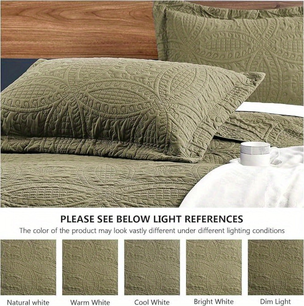 Quilt Set 3 Piece Lightweight Microfiber Bedspread with Pillow Shams – Coin Pattern Coverlet All Season Soft Bed Quilt Full Queen King
