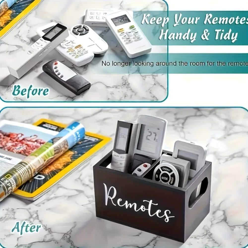 Black Wooden Remote Control Holder with Multi-Compartment Layout and 6 x 4 x 4-Inch Checkout Size