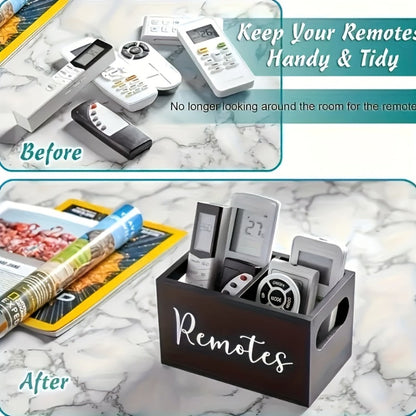 Black Wooden Remote Control Holder with Multi-Compartment Layout and 6 x 4 x 4-Inch Checkout Size