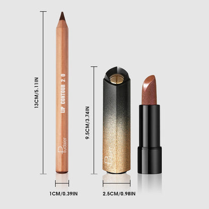 Golden Lipstick Set with Lip Liner Pencil 2 Piece, Brown Shimmer Lipstick and Nude Lip Liner