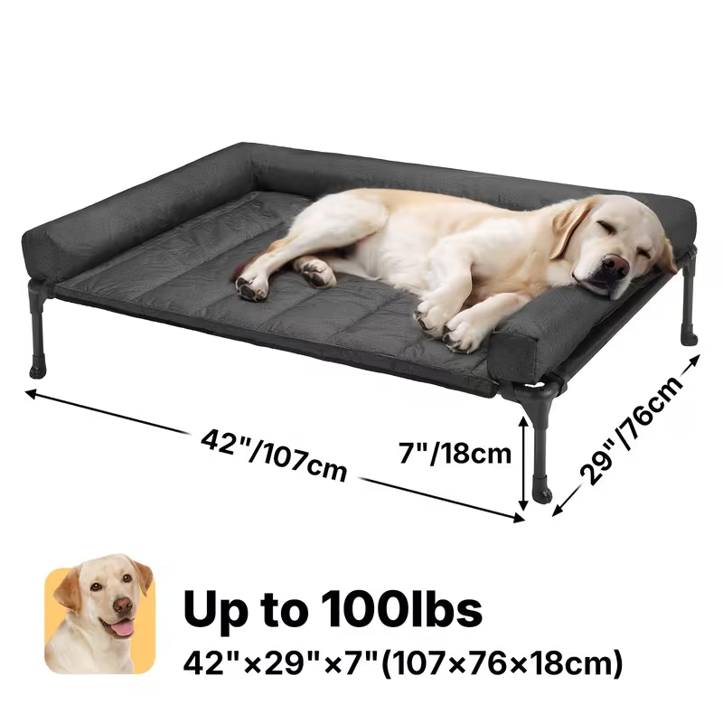 Elevated Dog Bed with Cooling Mesh & Removable Bolster Pillow Top Mat – Raised Dog Cot Bed, No-Slip Feet, Breathable Dog Sofa Bed for Indoor