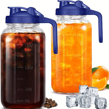 64oz Mason Jar with Handle and Lid 2/3 Pack, Borosilicate Glass Beverage Carafe, Leak-Proof Drinking Jar for Juice