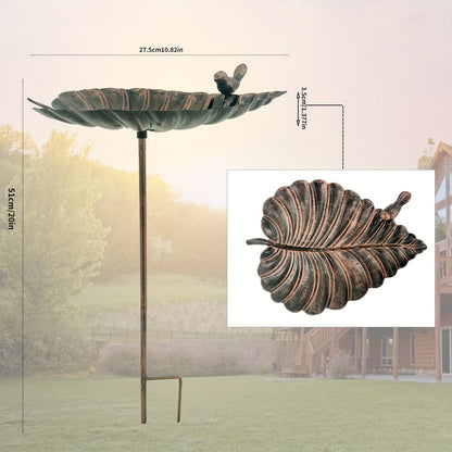 20-Inch Copper-Look Leaf Bird Bath with Bird Accent and Two-Prong Garden Stake for Yard and Lawn