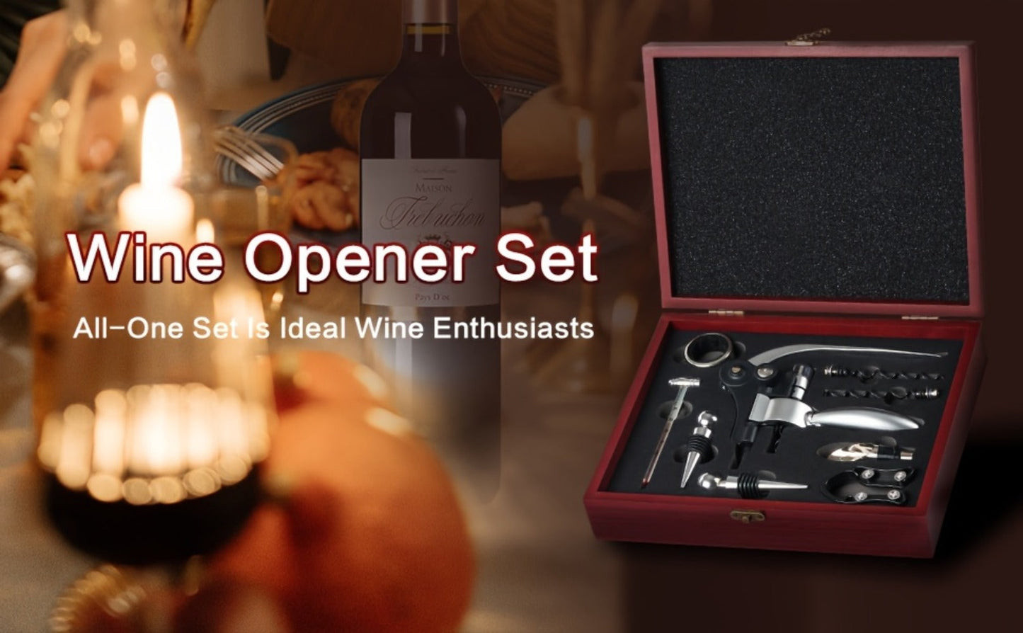 Wine Opener Kit 10pcs Stainless Steel Bottle Opener Gift Set with Wood Case – Beer Wine Accessories Bar Tool Set for Men Women Valentine's
