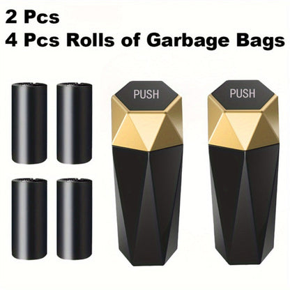Diamond-Pattern Mini Car Trash Can Pair with Four Bag Rolls, Push Lids and Four Color Choices