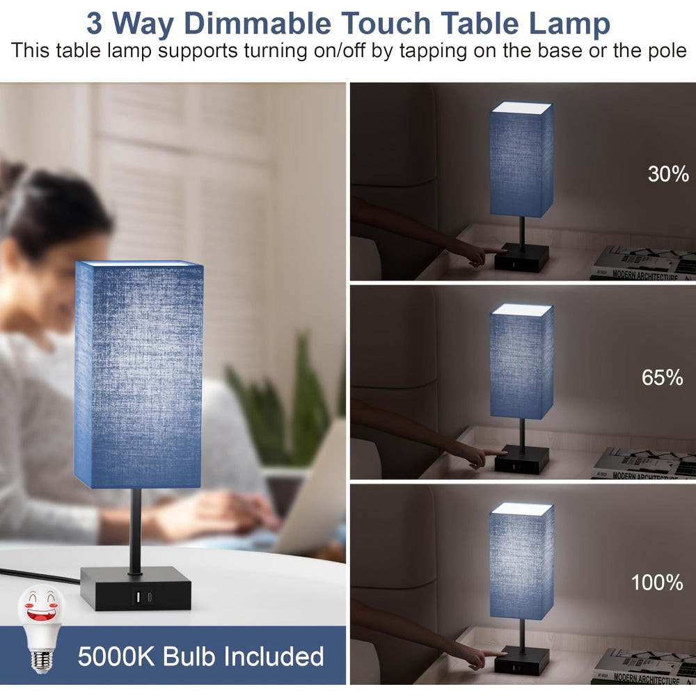 Bedside Lamps Set of 2 3-Way Dimmable Touch Nightstand Lamp USB-C A Charging Port LED Bulb for Entryways, Bedrooms and Living Spaces