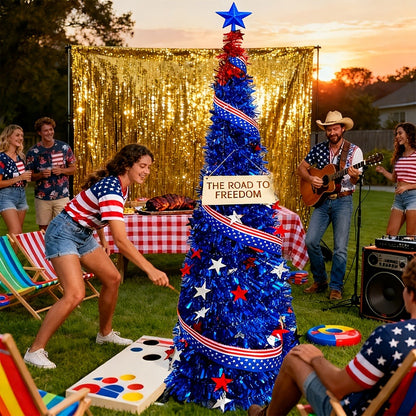 4th of July Decorative Tree 5ft LED Light, Foldable Patriotic Stars & Stripes Blue Christmas Tree with Red White Blue LED String Lights