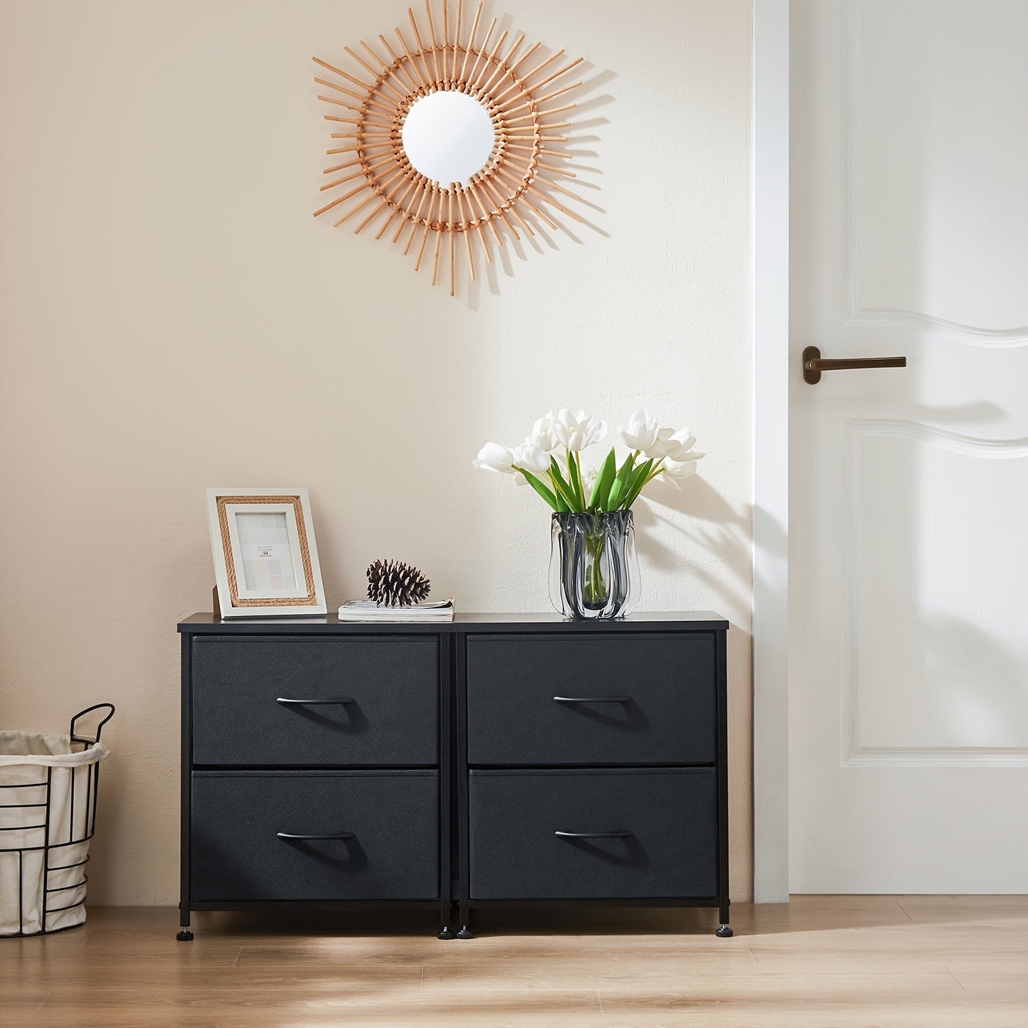 Nightstand with 2 Storage Drawers, 20" Bedside Table with Wooden Top & Fabric Cabinet, Steel Frame Mini Dresser for Bedroom
