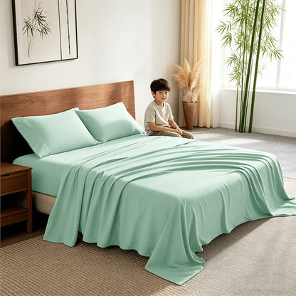 Bamboo Cooling Sheet Set 4pcs, Deep Pocket Fitted Sheet Flat Sheet Pillowcases for Hot Sleepers Twin Full Queen King