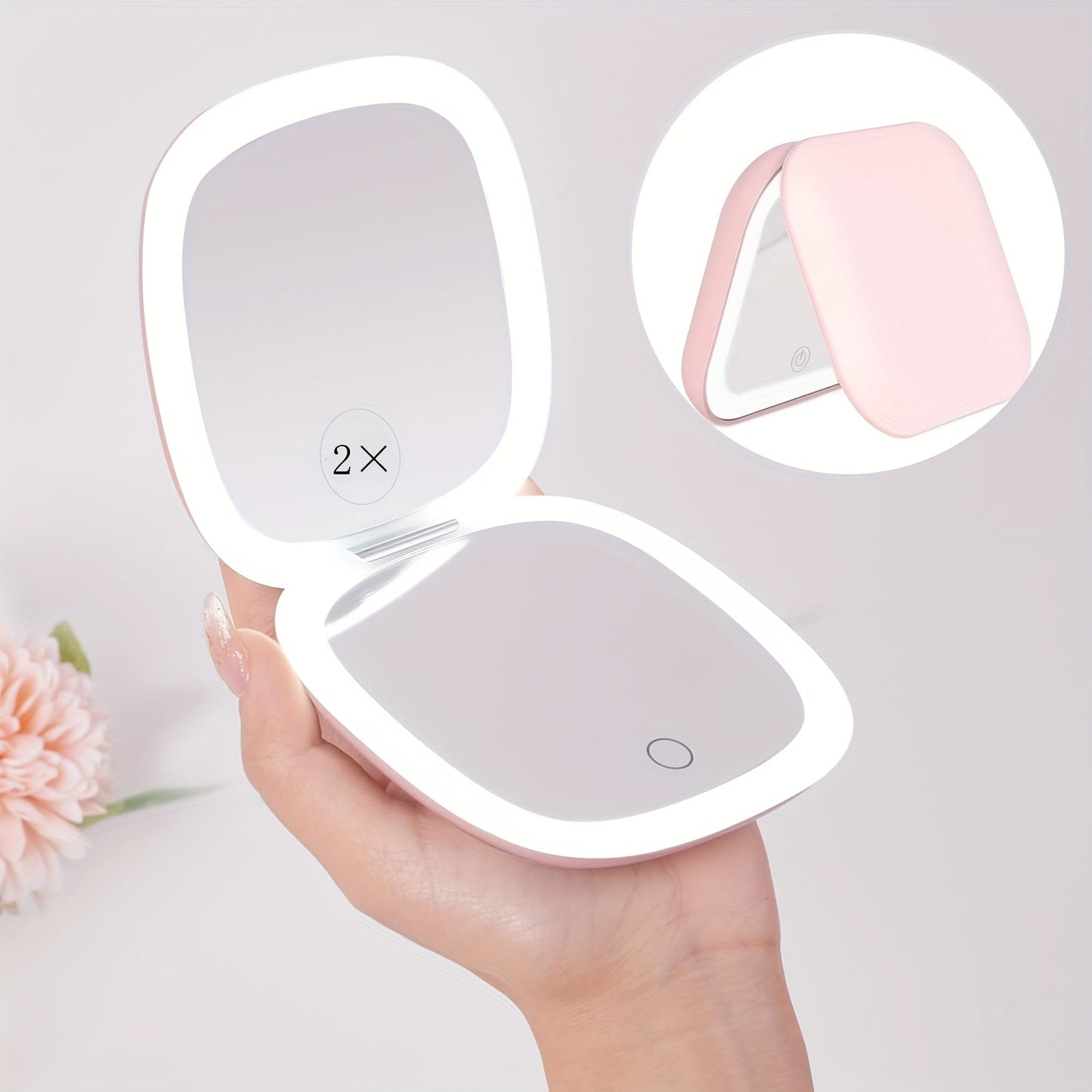 Foldable LED Makeup Mirror Double-Sided 1X 2X Magnification – Handheld Lighted Mirror, for Makeup, Travel and Everyday Vanity Use
