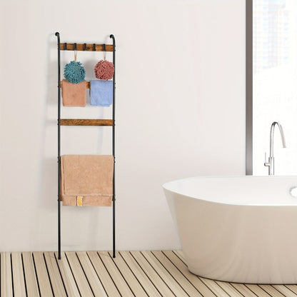 Blanket Ladder Storage Organizer 5-Tier Metal Rack with 10 Detachable Hooks in Brown or Black