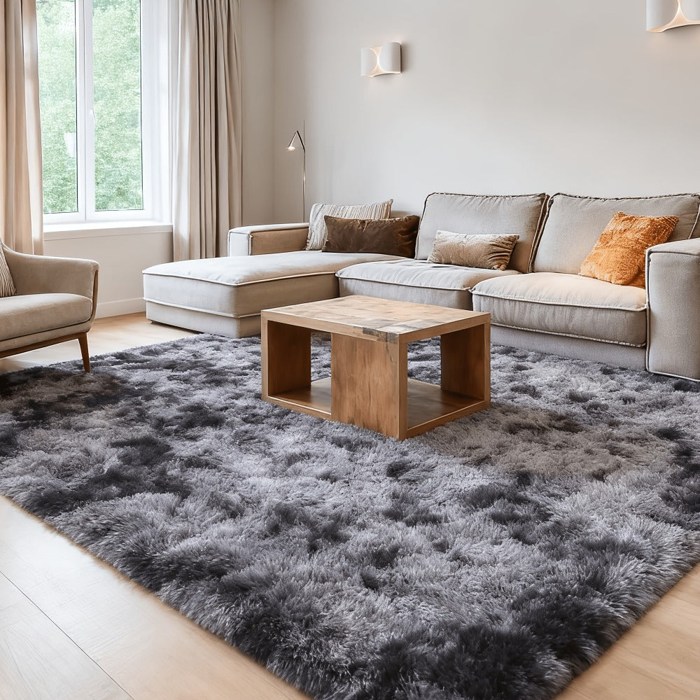 Plush Shaggy Area Rug 1.6 Inch Thick Non-Slip Machine Washable Polyester Carpet – Tie-Dye & Solid Color Fluffy Rectangle Rug for Living