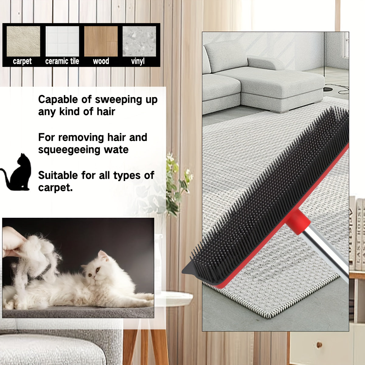 Pet Hair Removal Broom 2-in-1 Silicone Rubber Bristle Broom & Squeegee – Anti-Static Pet Fur Cleaner for Carpet, Hardwood & Tile Floors