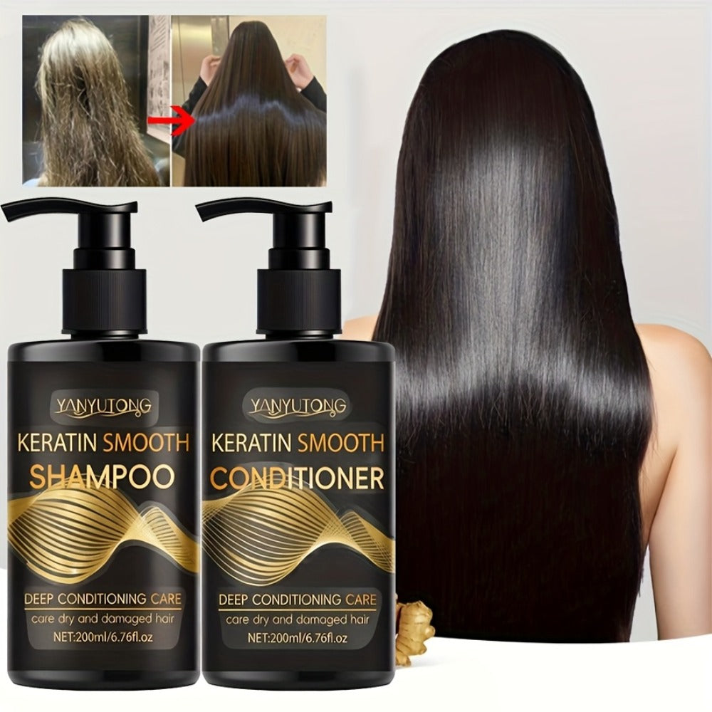 Keratin Shampoo and Conditioner Set 400ml, Breakage Split Ends & Anti-Frizz, Silky Smooth Hair for Color-Treated Heat-Damaged Hair