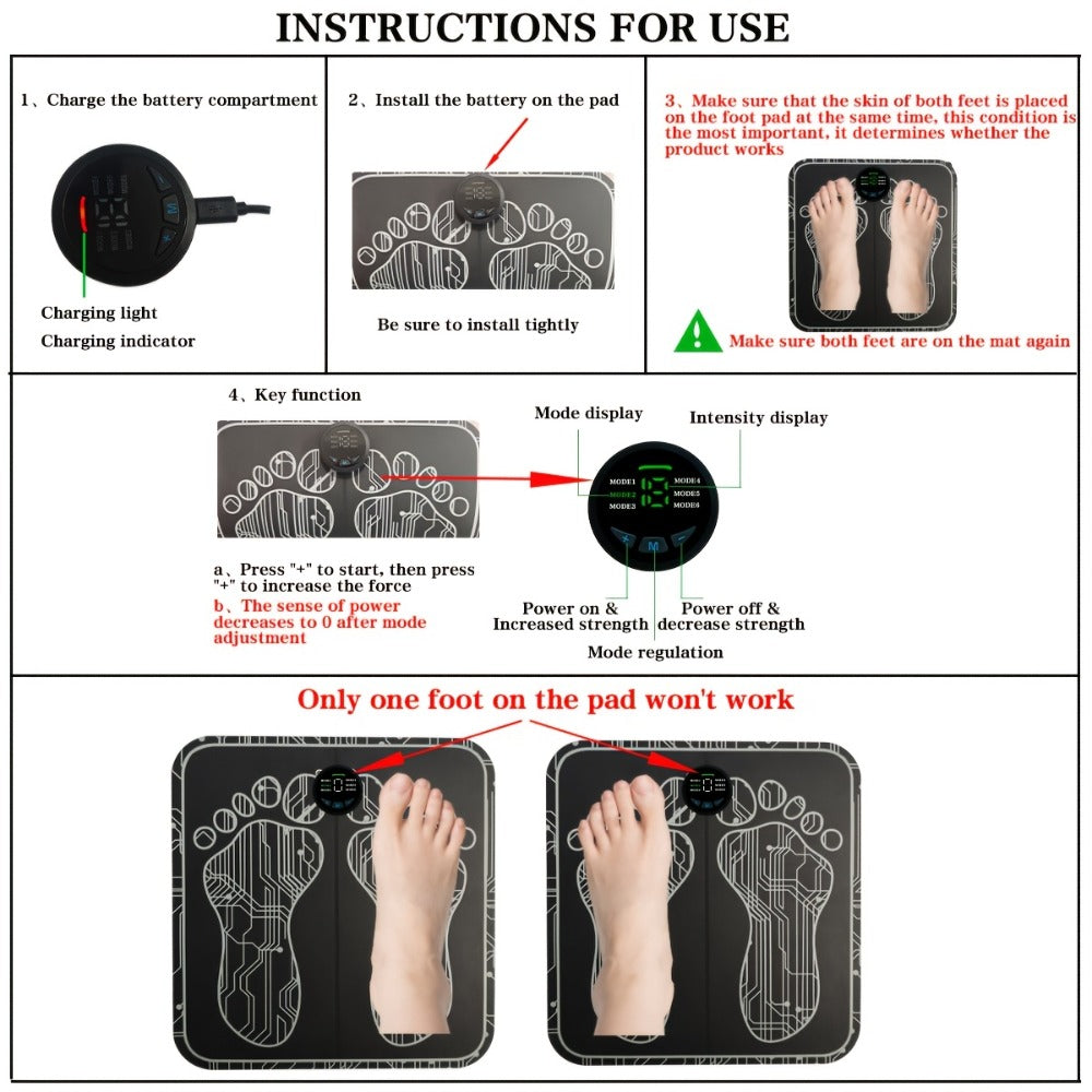 EMS Foot Massager Pad with TENS Therapy, Portable Electric Foot Massage Machine, Reusable Pad, Multiple Mode Adjustment