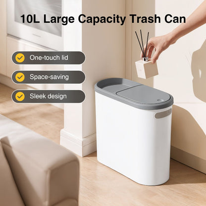 Slim 10L Bathroom Wastebasket with Lid Tray, Built-In Side Handles and Single or Two-Piece Options