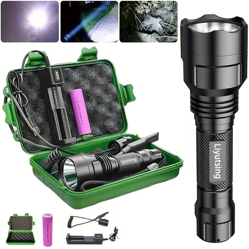 Flashlight Red, Green or White Hunting Light with Remote Switch, 18650 Battery and Mount Options
