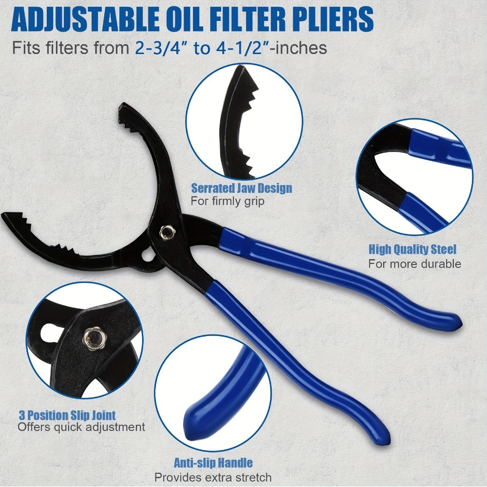 Oil Filter Wrench Set 7 Pcs – Swivel Oil Filter Removal Tool 2-3/8" to 5-1/4" (60-133mm), 12" Adjustable Pliers with 1/2" to 3/8" Adapter