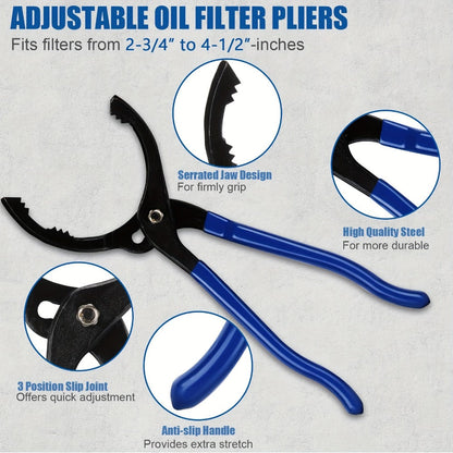 Oil Filter Wrench Set 7 Pcs – Swivel Oil Filter Removal Tool 2-3/8" to 5-1/4" (60-133mm), 12" Adjustable Pliers with 1/2" to 3/8" Adapter