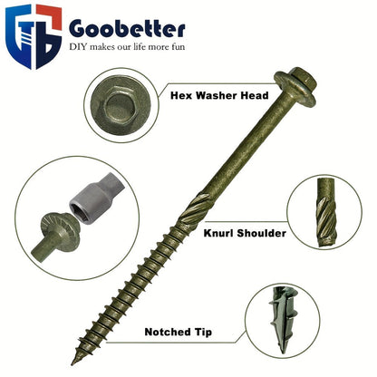 50pcs Heavy Duty Green Structural Wood Screws 14x10 Inch Carbon Steel Hex Head Partially Threaded Rust Resistant Exterior Timber Screws