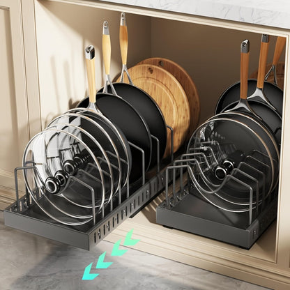 Pull-Out Pot and Pan Lid Rack Cabinet Sliding Storage Organizer – Kitchen Cabinet Slide-Out Box with 8/16 Adjustable Dividers for Lids