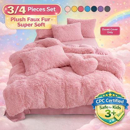 Plush Faux Fur Duvet Cover Set with Heart Pillow, Corner Ties and Twin, Queen or King Sizes in Eight Colors