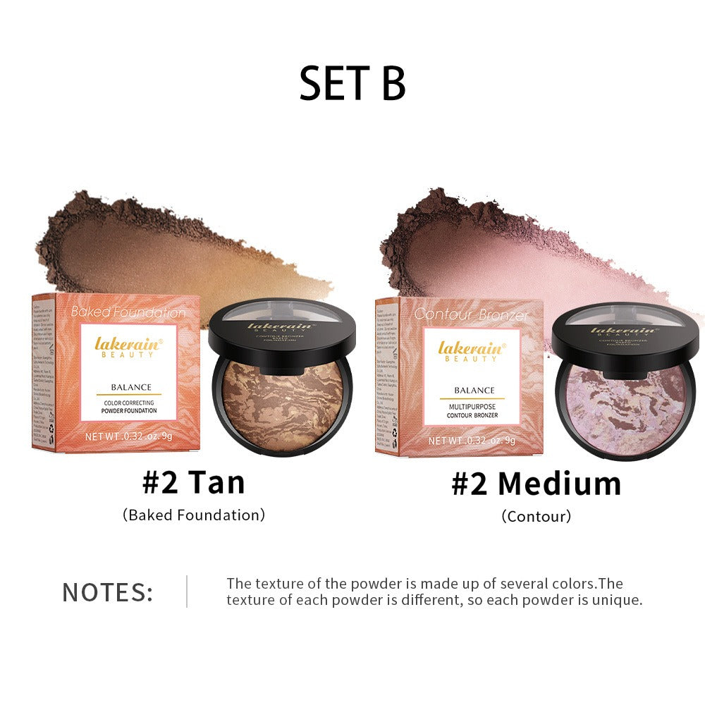 Marble Baked Contour Palette Set 2-Piece Kit with Color Correcting Foundation Powder, for Makeup, Travel and Everyday Vanity Use