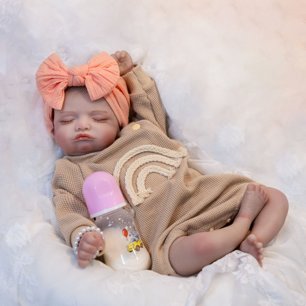 Reborn Baby Doll 20-Inch Sleeping Soft Cloth Body with Striped Outfit, Bow Headband and Feeding Accessories