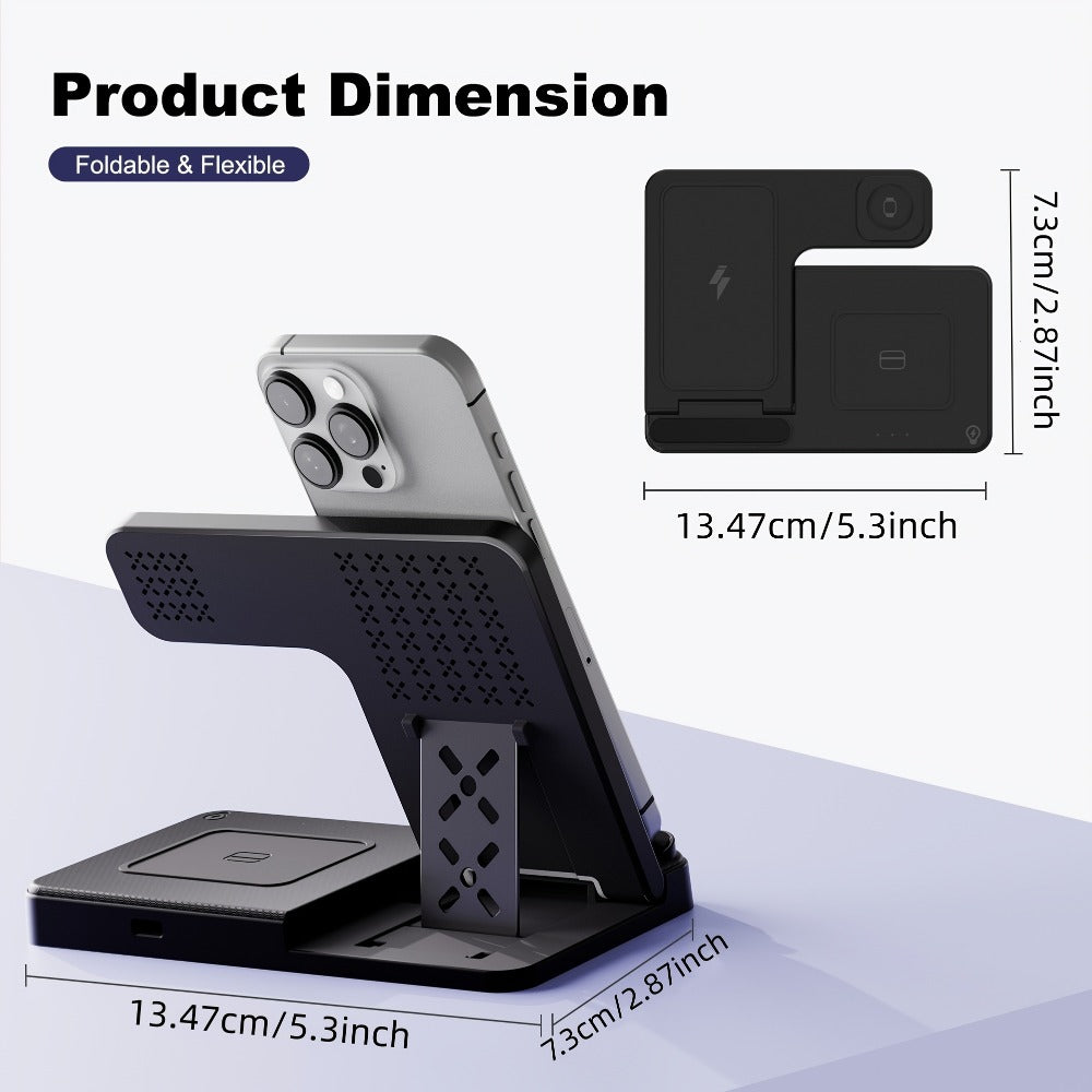 Foldable 3-in-1 Wireless Charging Station with LED Indicator & Anti-Slip Fast Charge for iPhone 17 16 15 14 13 12 11 Pro Max XR XS
