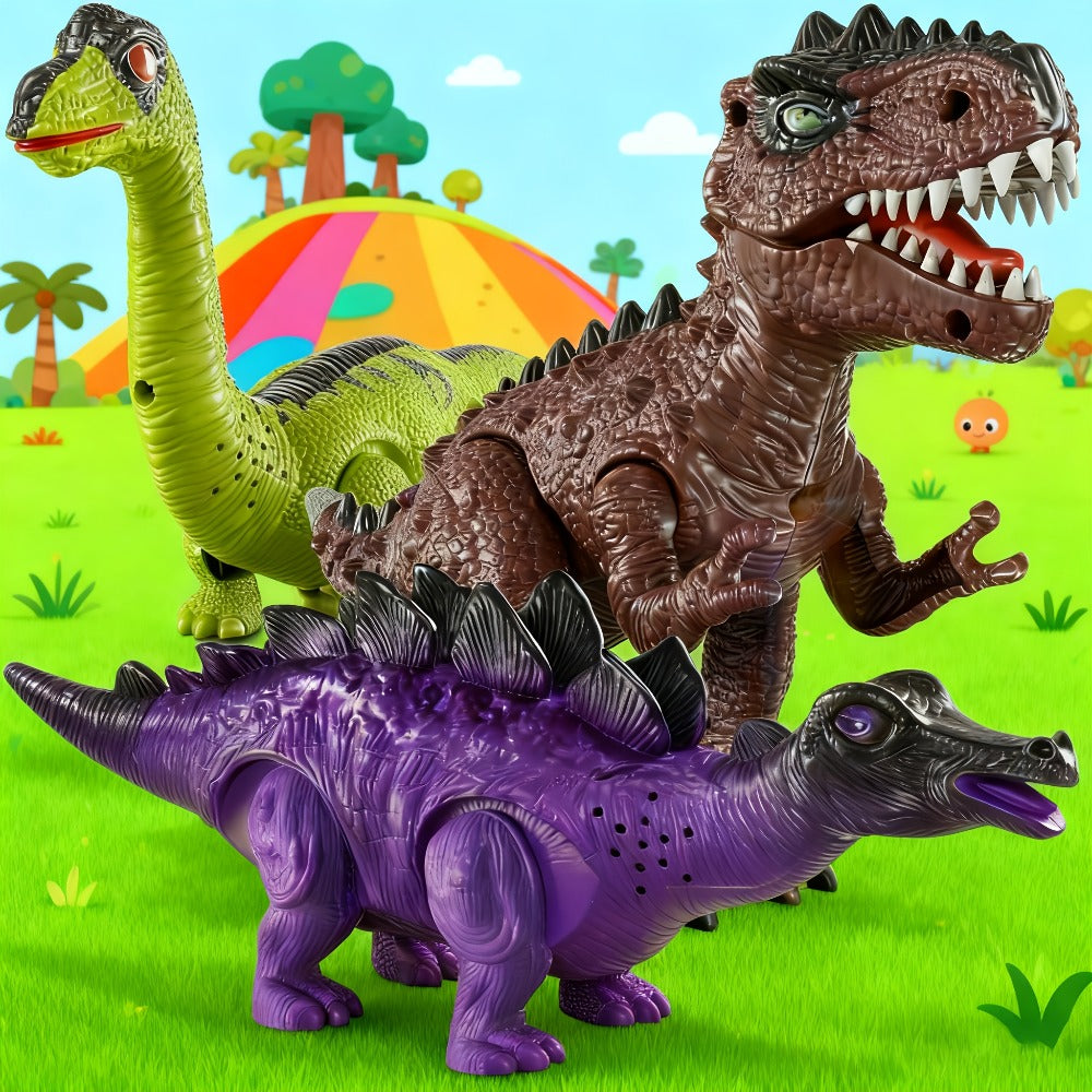 Electric Walking Dinosaur Toys Set of 3 with Sound, Light & Walking Functions, Interactive Moving Dino Toy Collection
